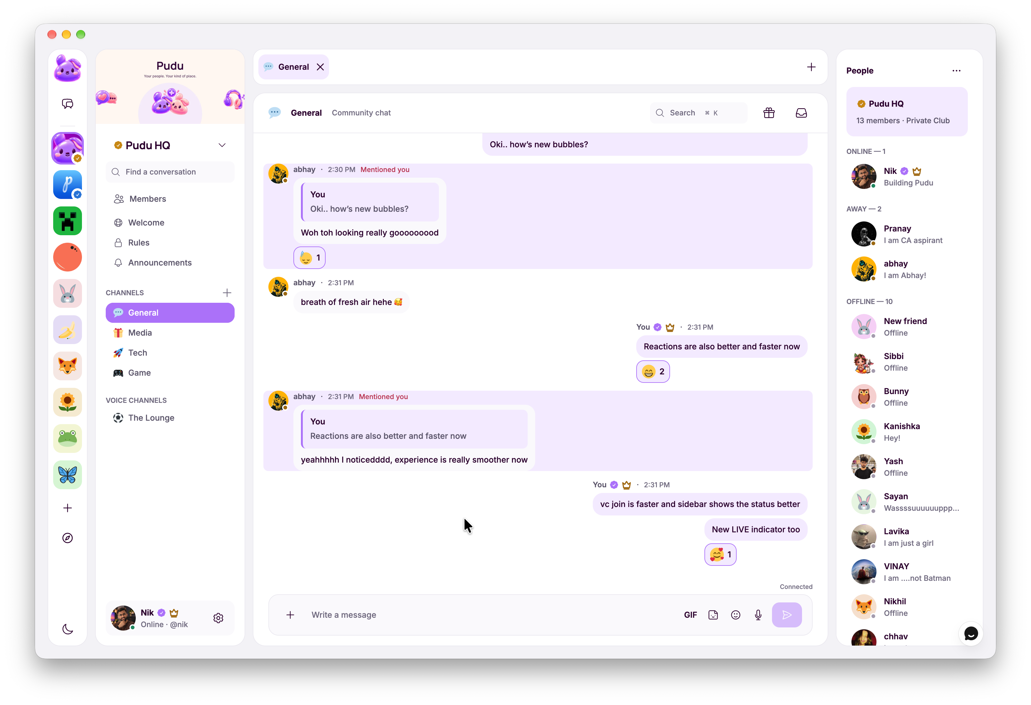 Pudu desktop app showing Club channels, a conversation and the People sidebar.